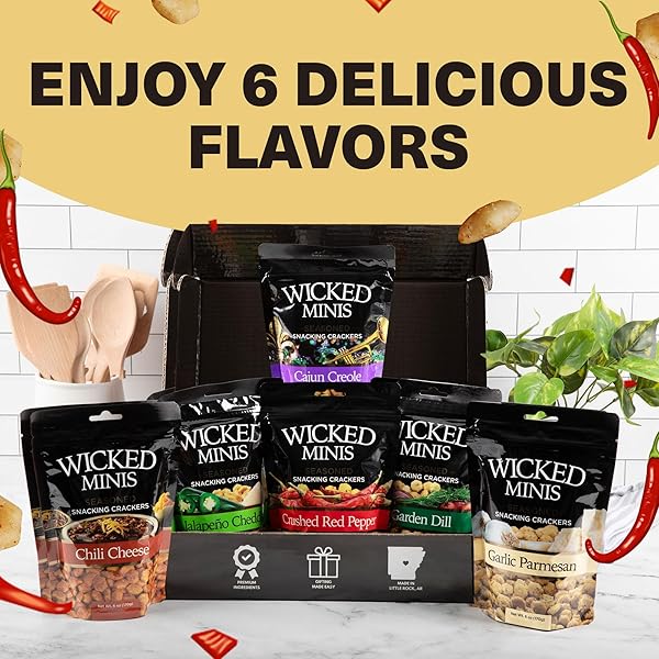 WICKED MINIS SOUP & OYSTER CRACKERS – SALTINE & SALTED FLAVORED MINI PUFFED SOUP, SAVORY SNACKING MIX, SEASONED CROUTONS SALAD TOPPERS, CRACKERS FOR CHILI 6OZ (CRUSHED RED PEPPER)