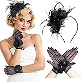 Fascinators Hats for Women and Tea Party Gloves Set, Headband with Feather Pearl Veil for Wedding Cocktail Dresses