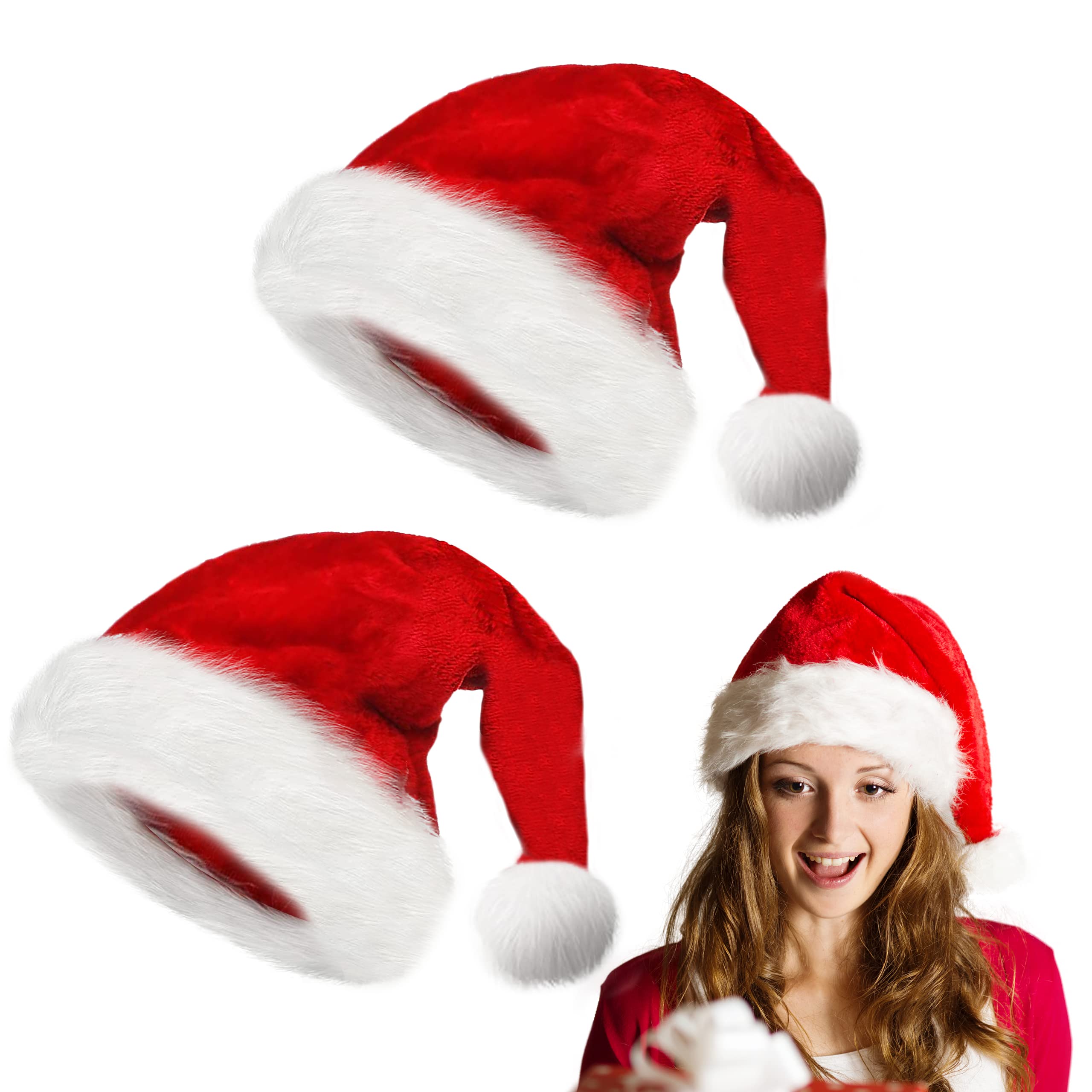 obqo 2 Pack Christmas Plush Santa Hat for Adult, Unisex Adult Christmas Hats Fabric, Plush Christmas Costume Classic Hat, Adult Size
