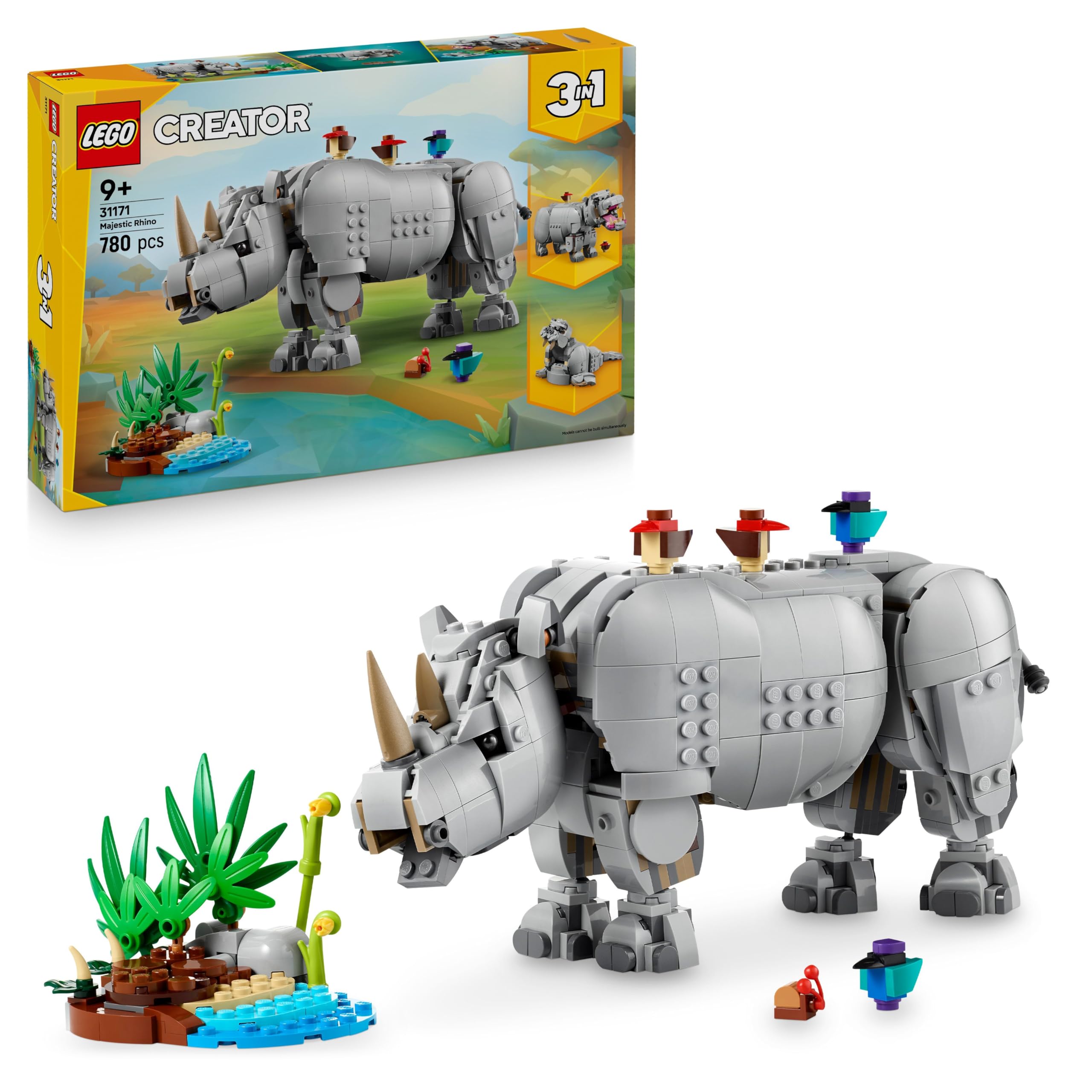 LEGO Creator 3in1 Wilde Tiere: Prächtiges Nashorn mit Vögeln - Kinder Spielzeug mit Tierfigur - Figur verwandelt sich in ein Nilpferd oder Walross - Geschenk für Mädchen und Jungen ab 9 Jahren - 31171