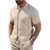 BEAUDRM Men's Knit Shirts Button Down Short Sleeve Collared Vintage Striped Shirts Business Work Office Shirt Top Apricot Large