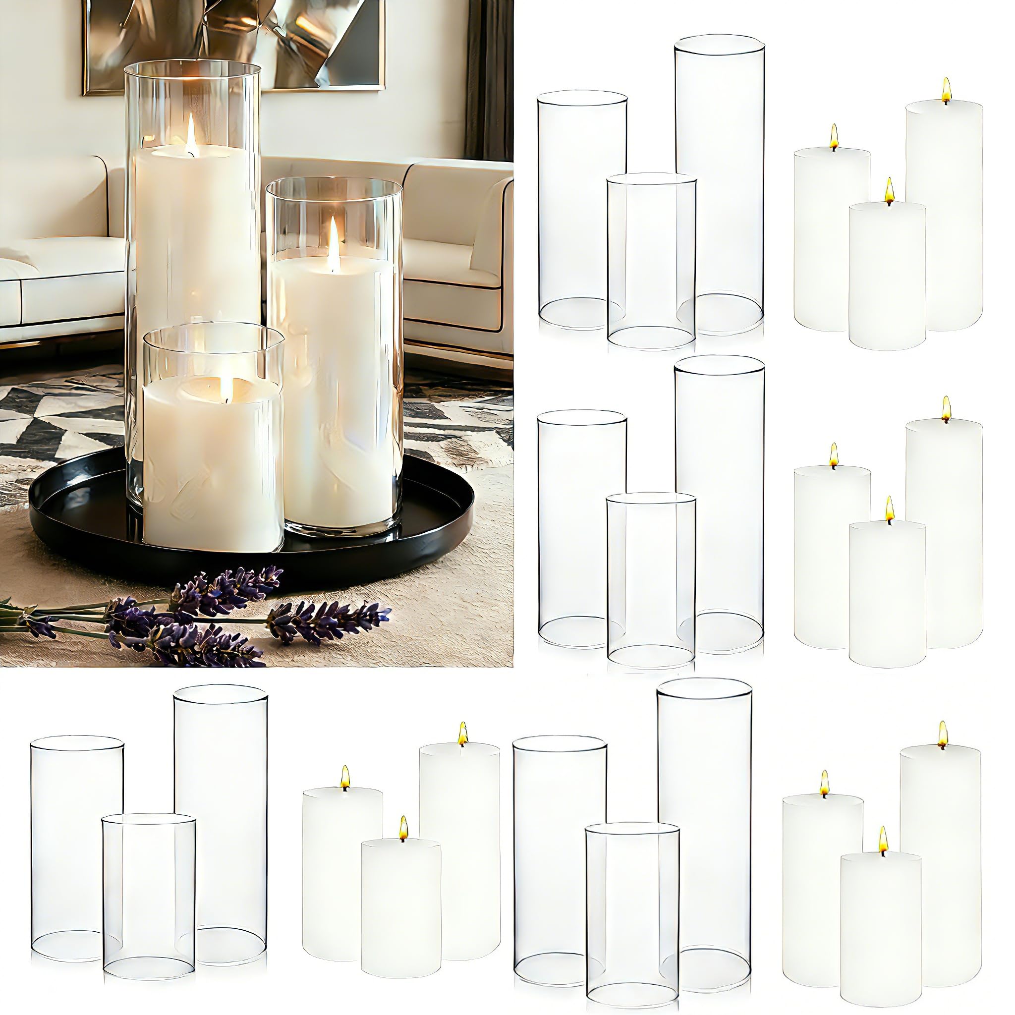 Photo 1 of ZJGXH 24 Pcs White Pillar Candles and Glass Cylinder Vases Clear Glass Pillar Candle Holders Hurricane Glass Candle Holders for Table Centerpieces Wedding, Party, Event, Home Office