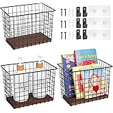 Wall Hanging Baskets 3 Pack, Diversified Wire Basket Shelves of Wooden Style, with Wall Mounted Hooks & Traceless Stickers, for Kitchen Coffee Bar Office Room Garage Storage Organization (Large)