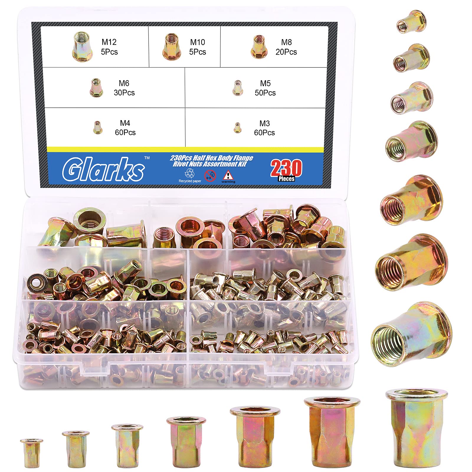 Glarks 230Pcs M3 M4 M5 M6 M8 M10 M12 Half Hex Body Flange Rivet Nuts Assortment Kit, Zinc Plated Carbon Steel Flat Head Threaded Insert Nut Rivnut Set (Rivet Nut Set)