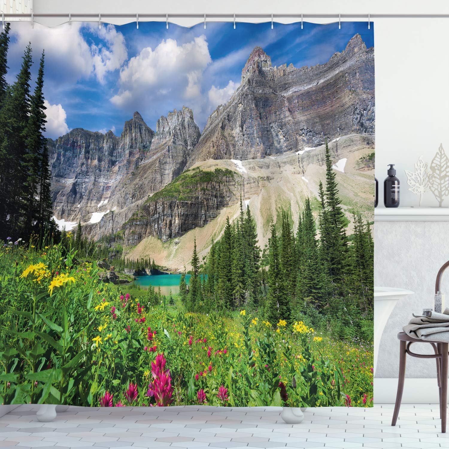 Amazon Com Lunarable Nature Shower Curtain North Montana Mountains With A Creek Meadow Spring Rural Lake Pine Trees Scenery Cloth Fabric Bathroom Decor Set With Hooks 70 Long Blue Grey Home Kitchen