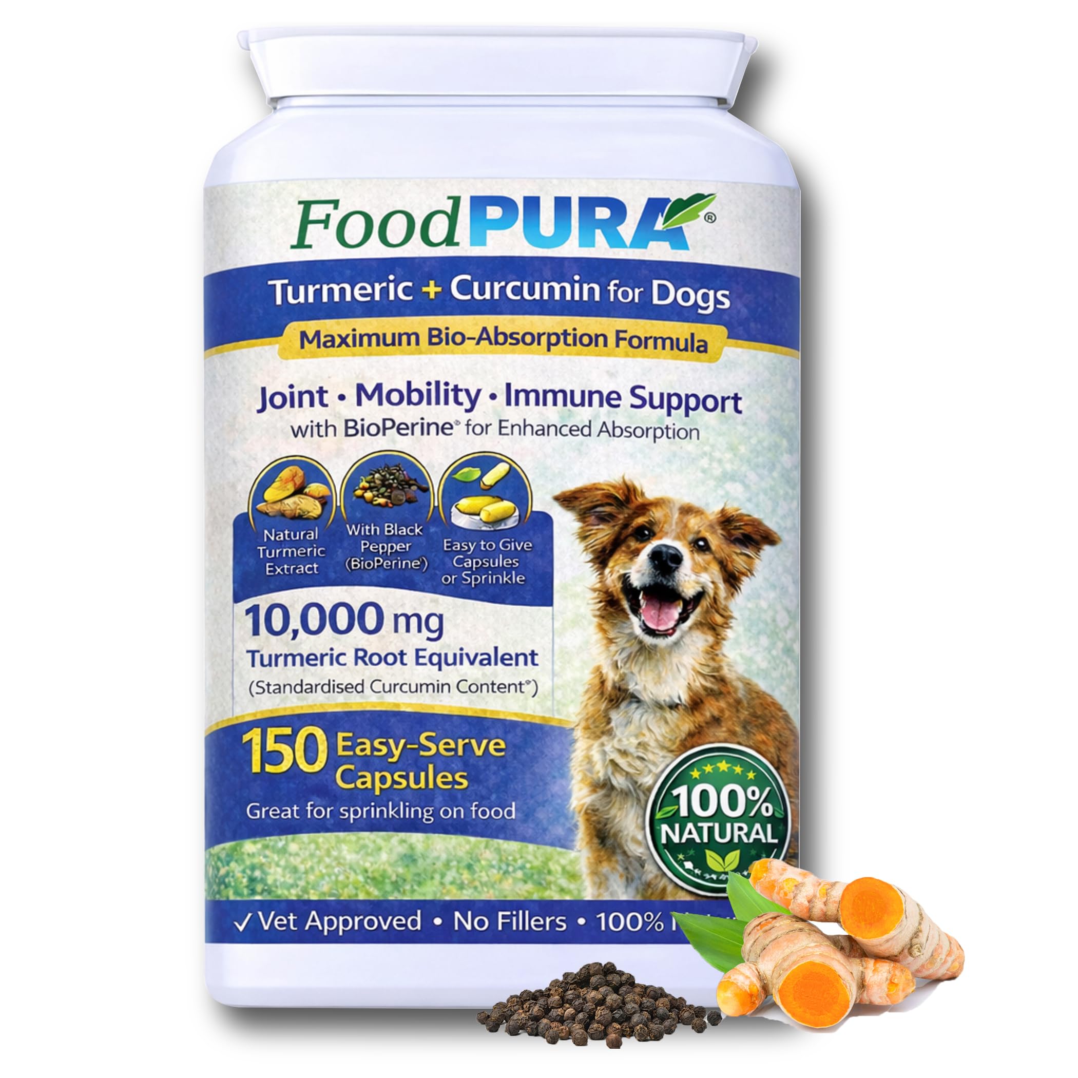 FoodPURA 150 Turmeric Capsules with Piperine for Dogs and Cats 10,000 mg for Joints, Digestive Health - High Absorbtion Health Supplement Anti Inflammatory for Hips and Joints