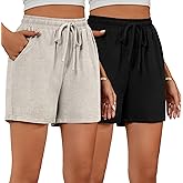 Ficerd 2 Pack Women's Linen Wide Leg Shorts, Casual High Waisted Drawstring Shorts Pant Comfy Summer Beach Short with Pockets