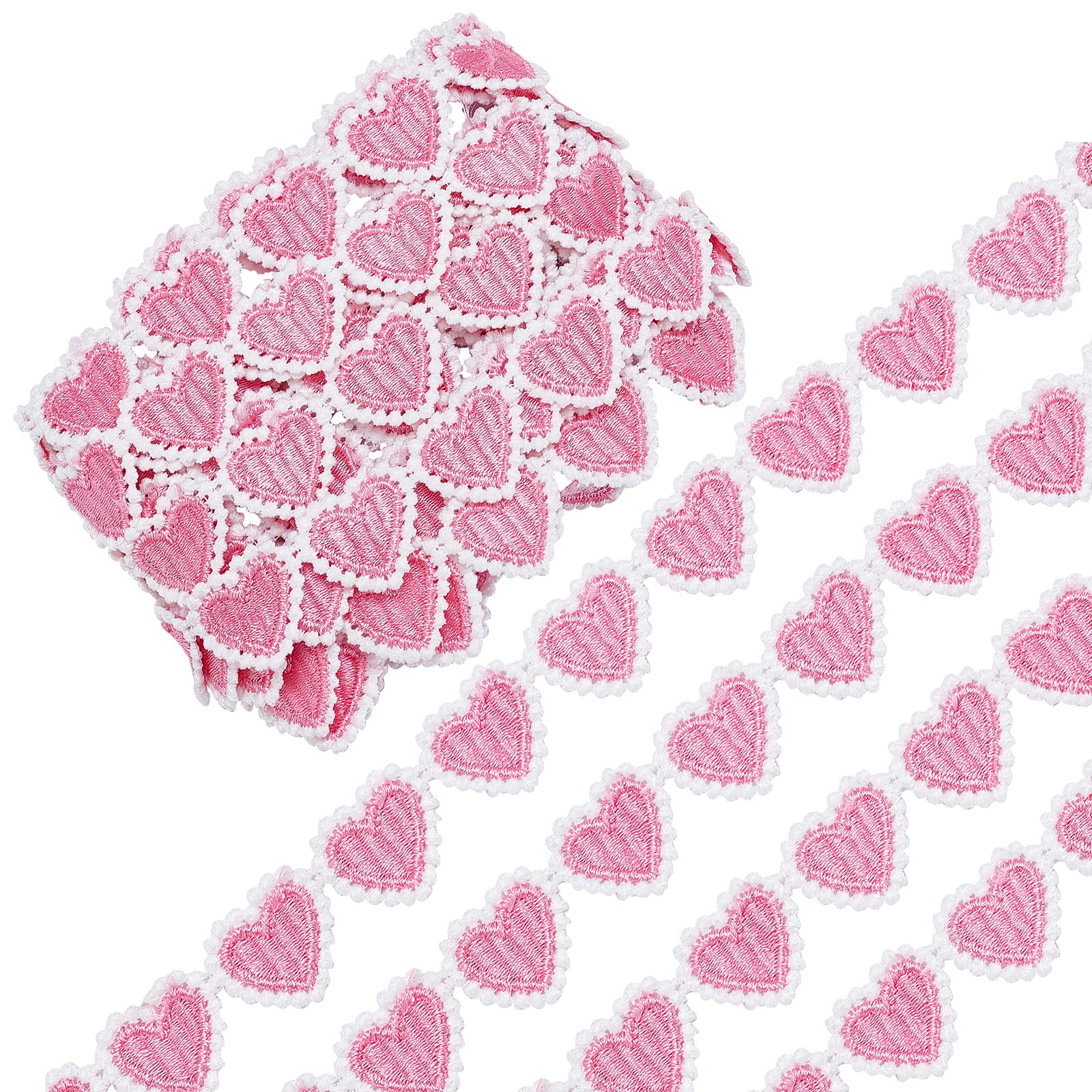GORGECRAFT 5 Yards 23mm Pink Heart Lace Trim Heart-Shaped Embroidered Woven Ribbon White Edging Trimmings Applique for DIY Sewing Crafts Clothing Curtain Hat Bags Embellishments for Valentine's Day