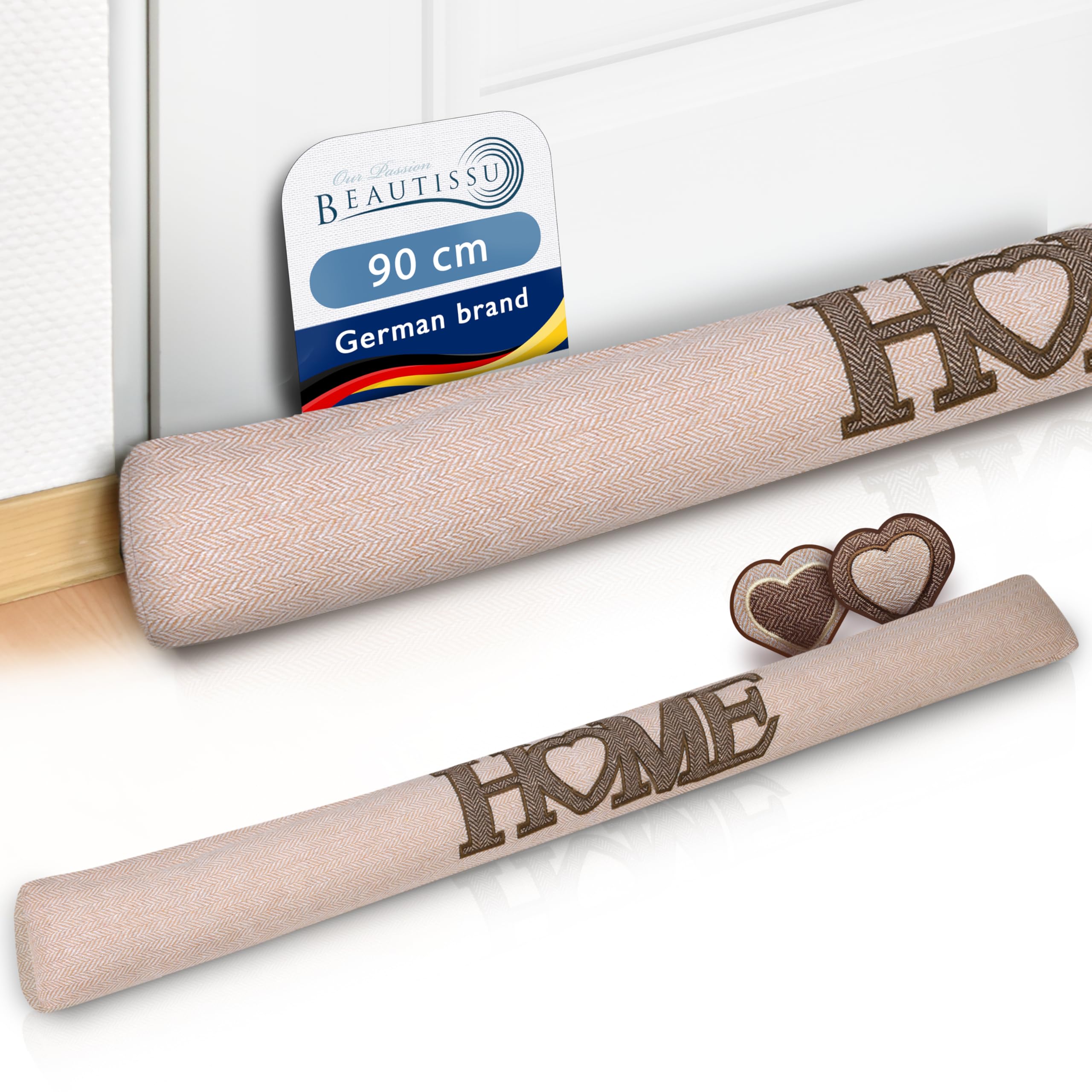 Beautissu Draught Excluder for Doors 90 cm Tuuli HE - 1kg Heavy Door Pillow Draft Wind Stopper for Windows - Long Weighted Draft Excluder Cushion Home Door Sausage in Natural