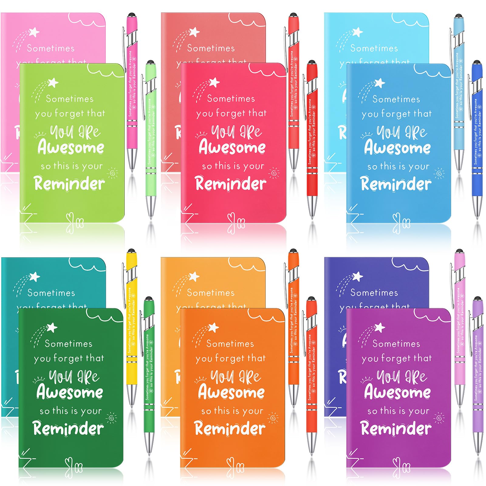 Tenare 12 Sets Employee Appreciation Gifts Bulk Include 12 Inspirational Notebooks Small Pocket Journal Notepads Set 12 Motivational Pens 2 in 1 Stylus Thank You Pens for Coworker Women Men (Fresh)