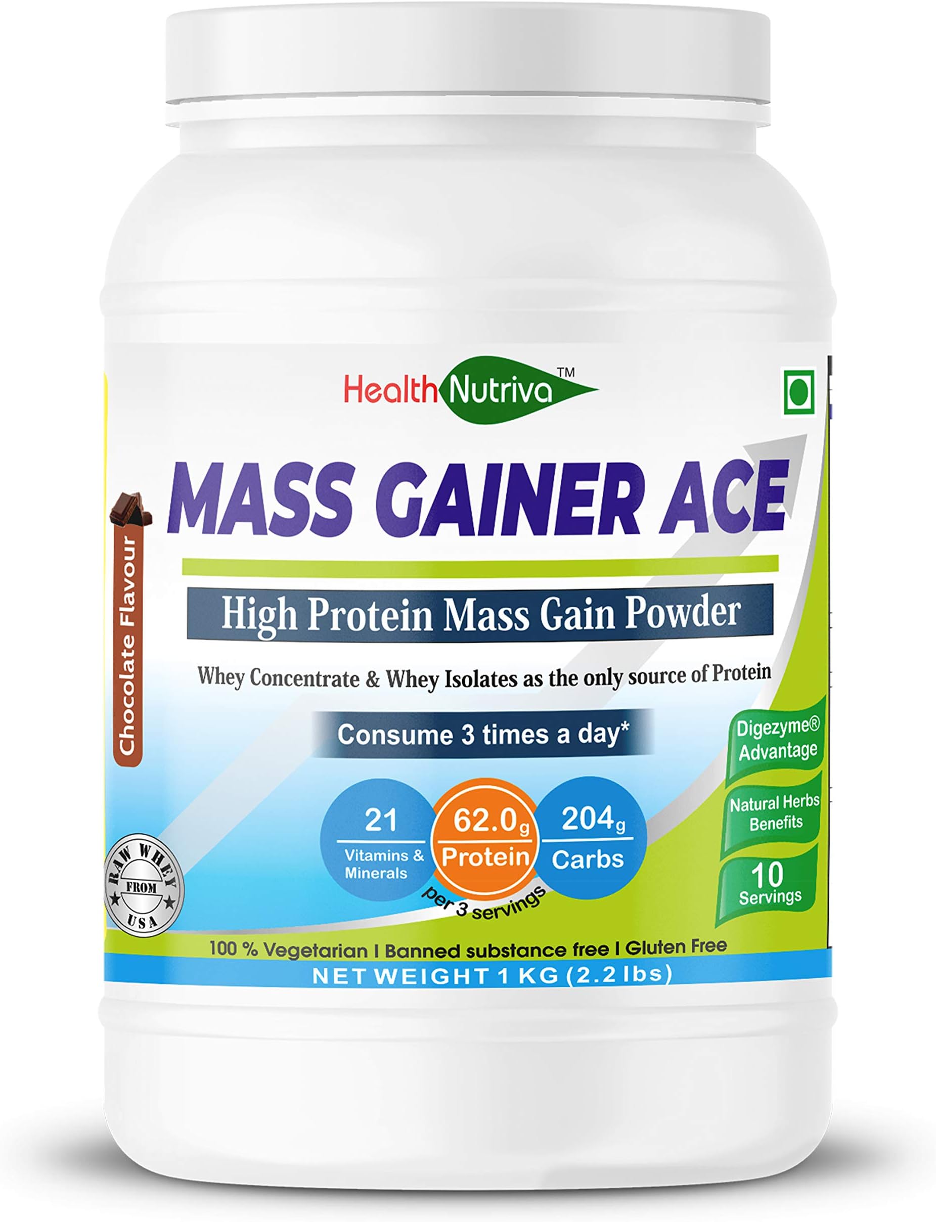 HealthNutriva Mass Gainer ACE Supplement Powder with Natural Herbs and Digestive Enzymes (Chocolate,1 kg / 2.2 lb) (10 Servings)
