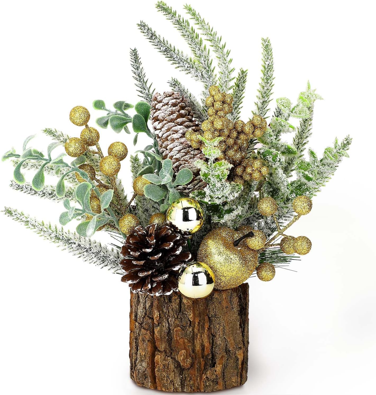 Trees - Small Christmas Tree Tabletop Artificial Mini Christmas Tree Decorations with Holiday Ornaments Red Berry Pine Cone Greenery for Home Indoor Fireplace Mantel Xmas Decor (Tree Stump-Golden)