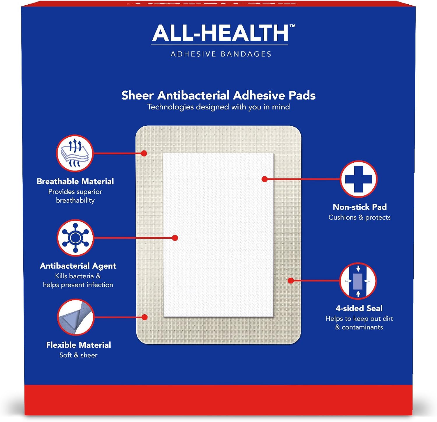 All Health Antibacterial Sheer Adhesive Pad Bandages, 3 in x 4 in, 30 ct | Helps Prevent Infection, Extra Large Comfortable Protection for First Aid and Wound Care: Health & Personal Care