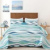 DJY Green Seawaves Ocean Quilt Set King Coastal Beach Theme Quilt Coverlet Soft Microfiber Reversible Bedspread with 2 Pillow Shams 3 Pieces Nautical Stripe Bedding Quilt for All Season 104"x90"