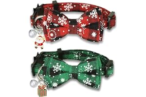 POHSHIDO Christmas Cat Collar with Bow Tie and Bell, 2 Pack Holiday Breakaway Kitty Kitten Collar for Girls Boys Male Female Cats