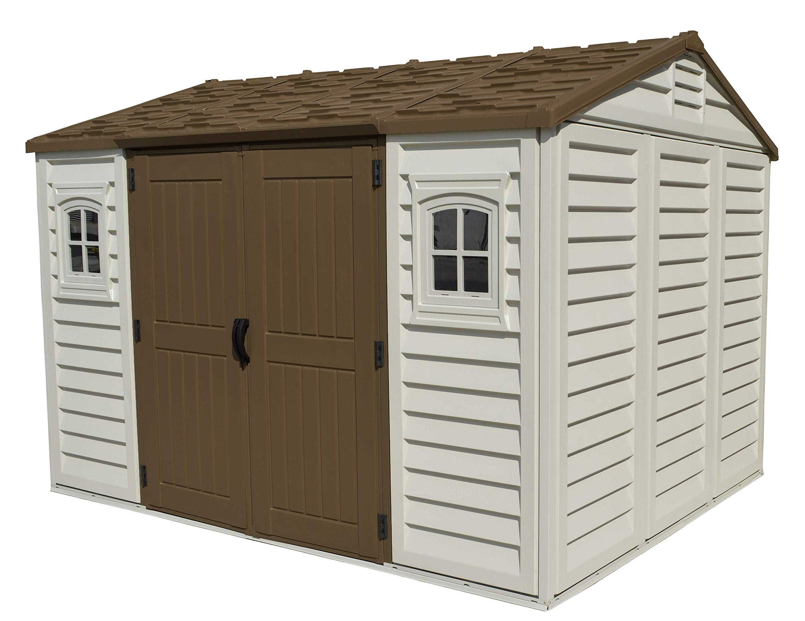 Duramax Apex 10.5 x 8 (8.13 m2) Plastic Garden Storage Shed with 2 Fixed Windows & Metal Foundation Kit, All-Weather Outdoor Storage, Maintenance-Free Vinyl, Adobe & Brown