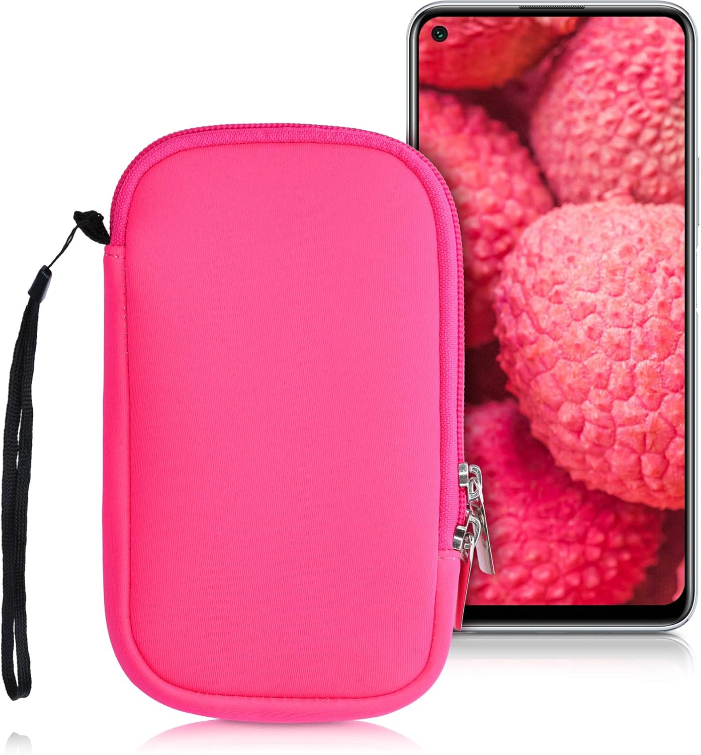 kwmobile Neoprene Phone Pouch Size L - 6.5" - Universal Cell Sleeve Mobile Bag with Zipper, Wrist Strap - Neon Pink