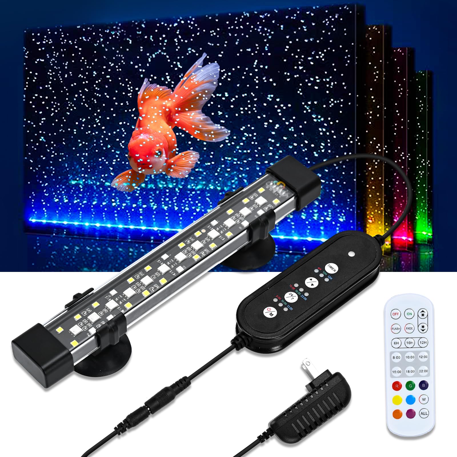 Podazz Submersible Aquarium Light for Fish Tank, 3 Rows Beads 6W Fish Tank Light with Timer, Full Spectrum+7 Single Colors, Auto On Off Sunrise-Daylight-Moonlight, Adjustable Brightness