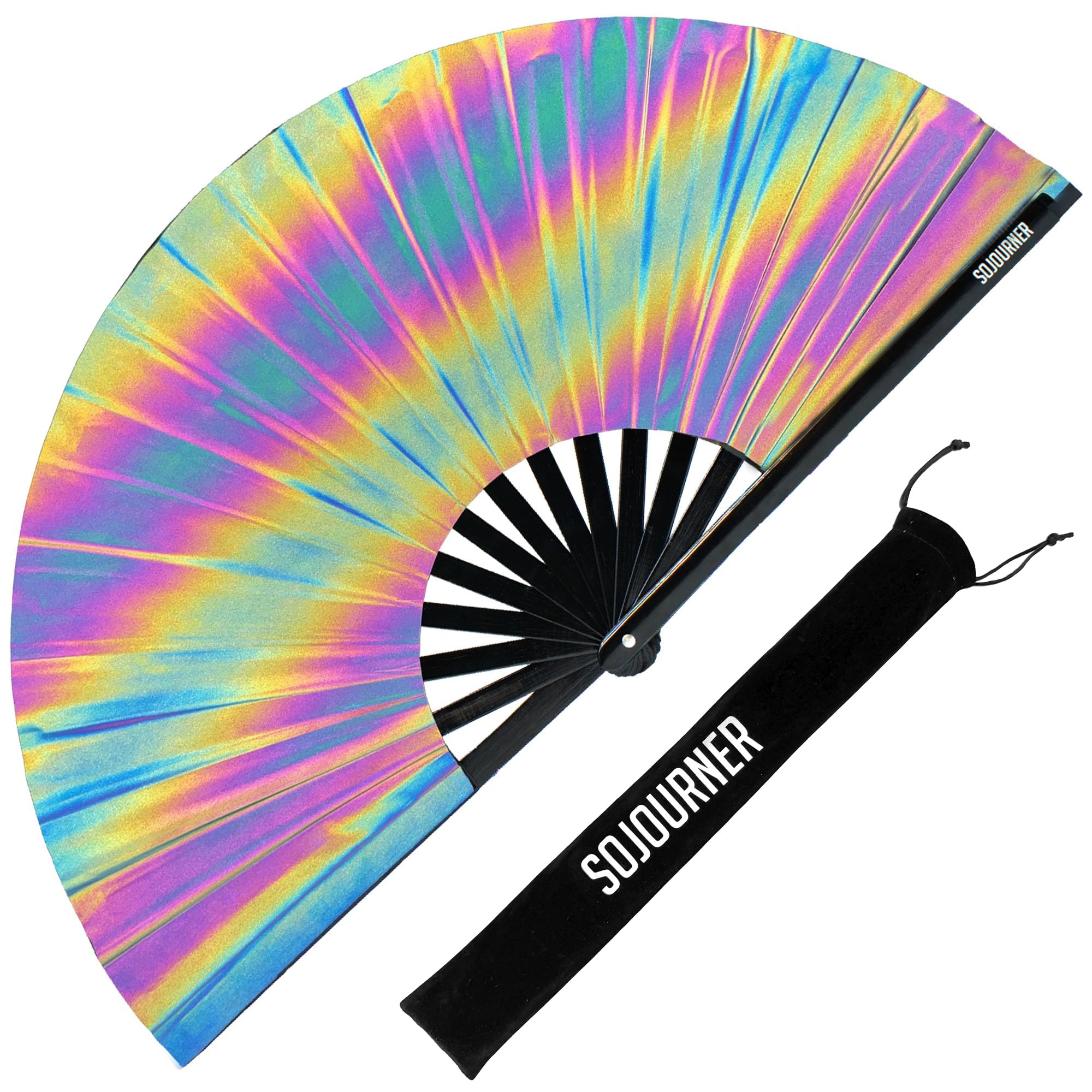 Photo 1 of SoJourner Bags Reflective Rainbow Rave Fan - Large Folding Clack Fan for Men and Women - Rave Accessories for EDM, Line Dancing, Cosplay, Concerts and More