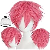 ESUNO Hair Cap+Short Pink Wig with Bangs Layered Pink Wigs for Women Anime Cosplay Outfit Short Fluffy Costume Unisex Synthetic Hair Straight Cosplay Costume for Halloween Theme Party Carnival