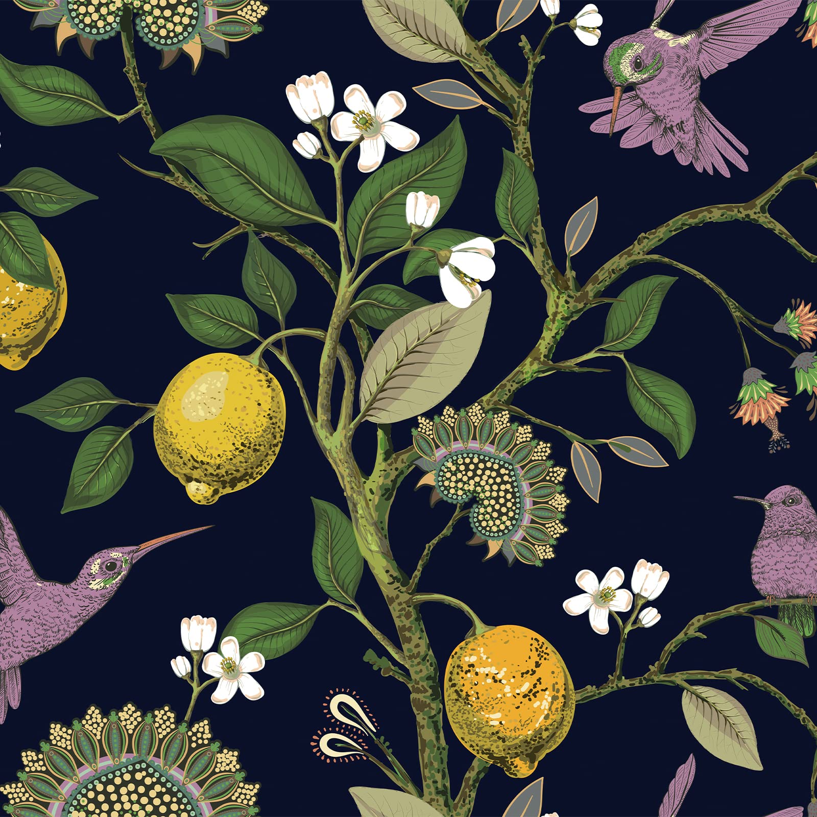 VEELIKE Dark Blue Bird Flower Wallpaper Tropical Leaf Contact Paper Lemon Floral Sticky Back Plastic Jungle Wall Mural Vinyl Wrap for Furniture Sticker Lining Paper for Walls Livingroom 44.5cm×300cm