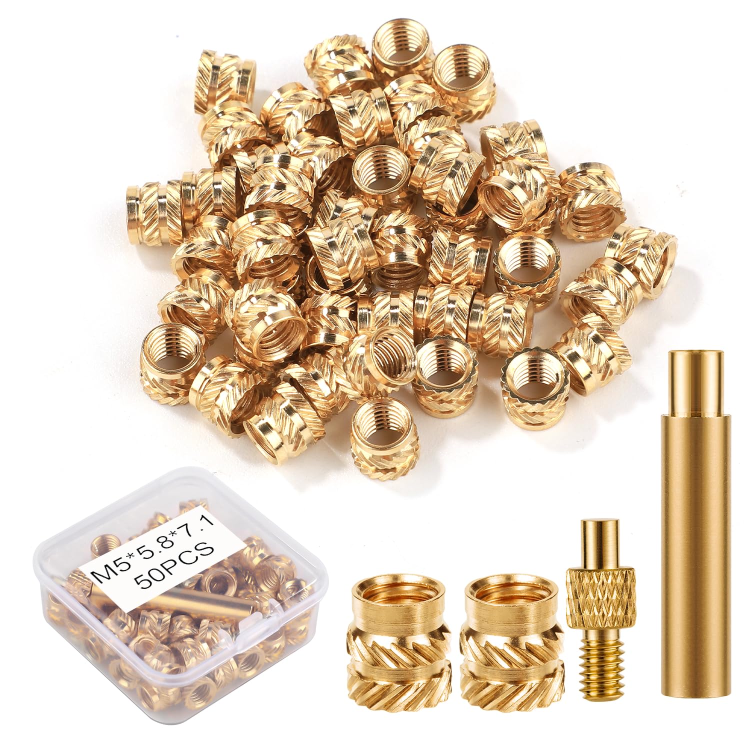 50pcs 3D Printing Brass Nuts, M5x5.8x7.1mm Threaded Inserts Heat Set Insert Tip for M5 & 1 Welding Adapter Heat Embedment Knurled Accessories Parts Compatible with Weller SP40NUS and T18 Irons
