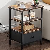 Tensirock Side Table with Charging Station, Nightstand with Adjustable Fabric Drawer, Bedside Table for Bedrooms, Living Rooms & Home Decor (Brown Black)