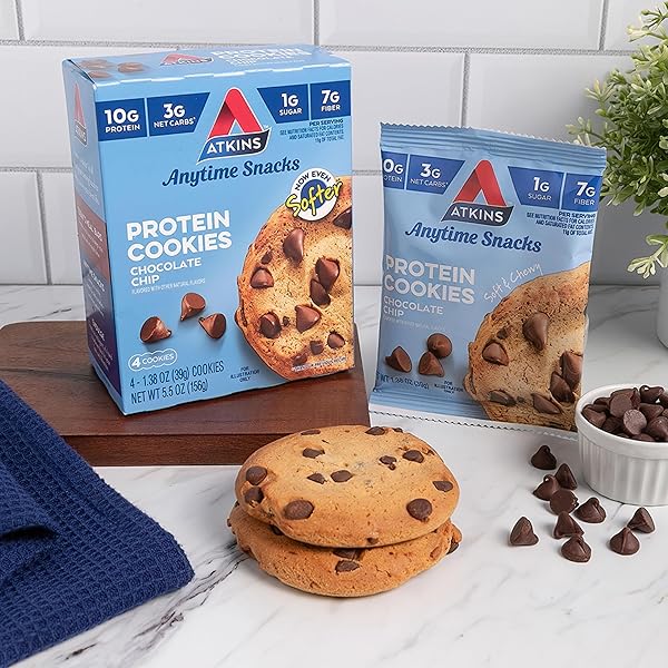 ATKINS CHOCOLATE CHIP PROTEIN COOKIE, PROTEIN DESSERT, RICH IN FIBER, 3G NET CARB, 1G SUGAR, KETO FRIENDLY, 4 COUNT