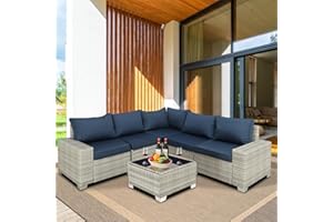 Furnimy Outdoor Furniture Patio Furniture Sets Conversation Sets Sectional Sofa Couch Wicker Rattan Balcony Furniture for Lawn,Garden,Porch and Poolside (Gray-Navy Blue, w/Table)