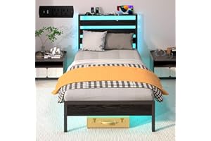 J.Fkne Twin Bed Frame with LED Lights & Charging Station, Storage Headboard, Heavy Duty Metal Slats, No Box Spring Needed, Noise-Free, Easy Assembly, Black