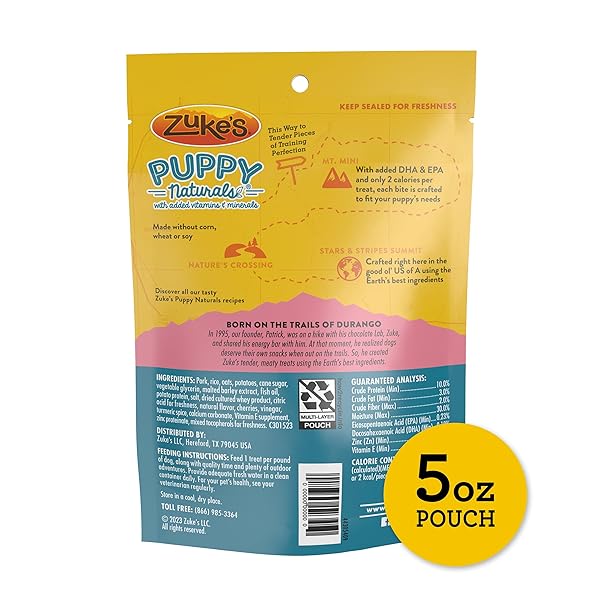 ZUKE’S PUPPY NATURALS DOG TRAINING TREATS, PORK & CHICKPEA RECIPE, NUTRIENT-RICH MINI DOG TREATS FOR TRAINING, GRAIN FREE PUPPY TREATS, 5 OZ BAG (PACK OF 1)