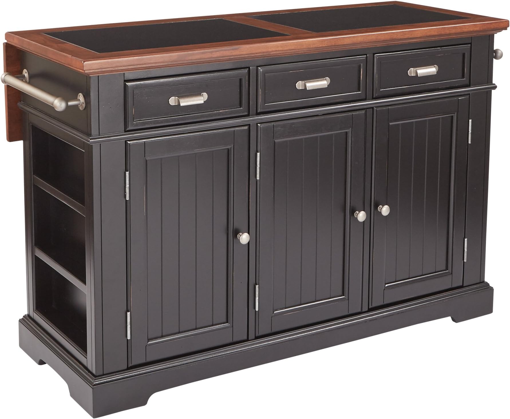 OSP Home Furnishings Farmhouse Basics Kitchen Island with Vintage Oak and Granite Inlay Top and Drop Leaf, Distressed Black
