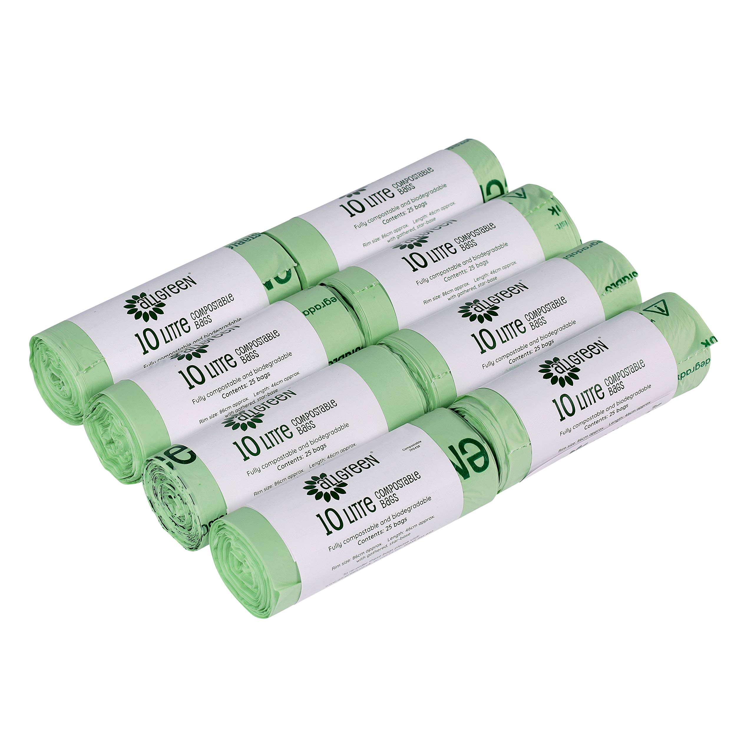 10 Litre x 200 All-Green Compostable Bags - Kitchen Food Waste Caddy Liners - EN 13432-10L Bin Bags with Composting Guide
