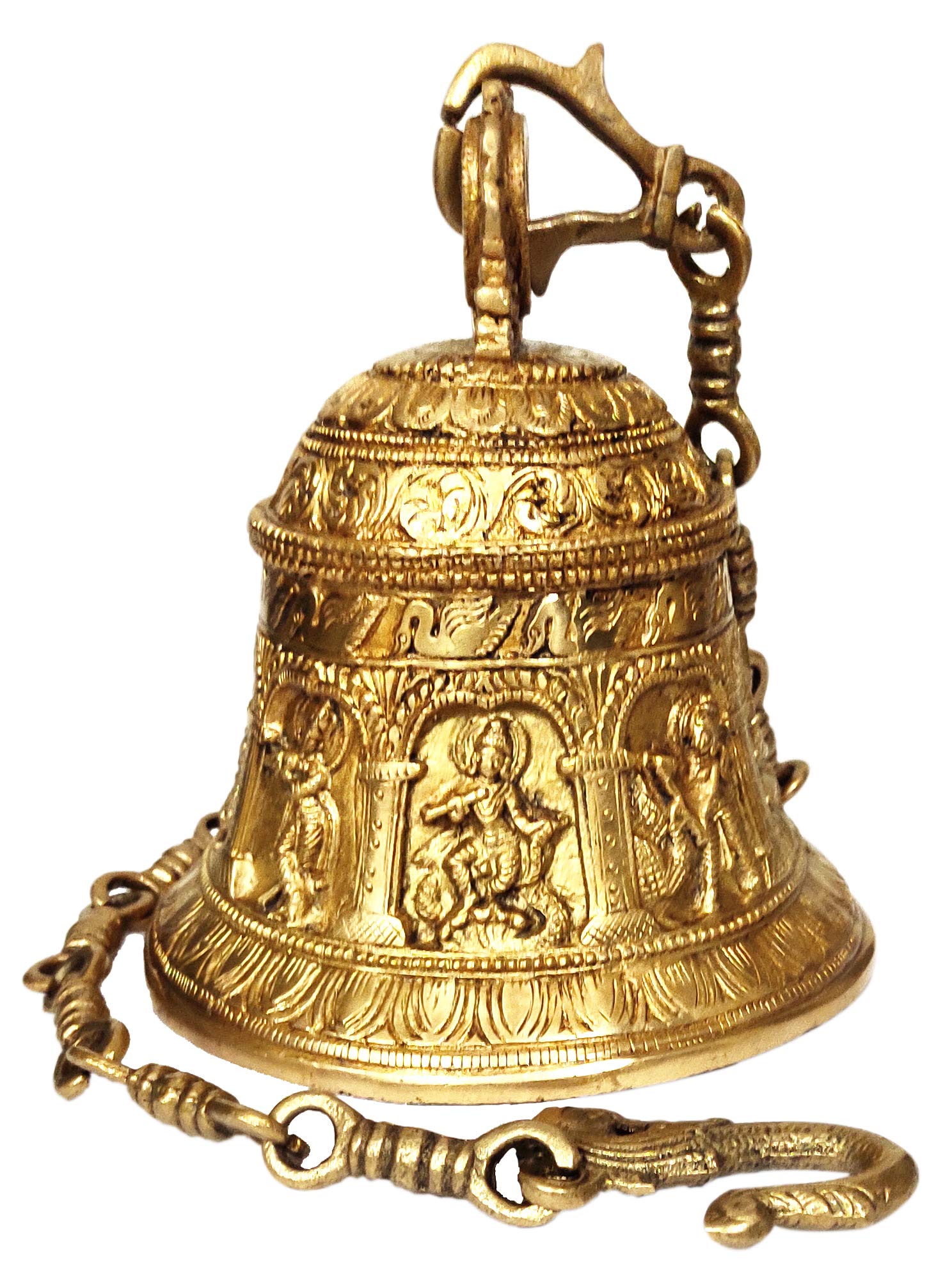 Purpledip Brass Temple Hanging Bell Krishna Leela: Rare Collection Sculpture Depicting Lord Krishn's Life (12046)
