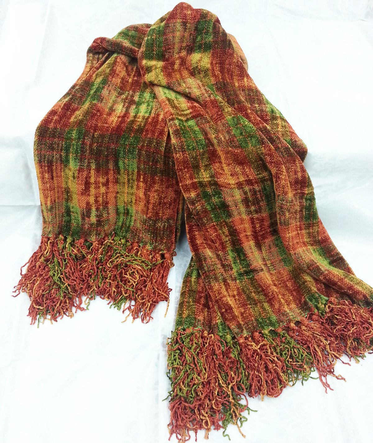 Chenille Multi Color Plaid Throw 50"x60" Rust / Green Home