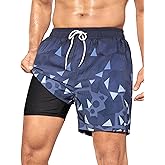 SILKWORLD Men's Swim Trunks Quick Dry Bathing Suits 6 Inch Swimming Shorts with Compression Liner and Zipper Pockets
