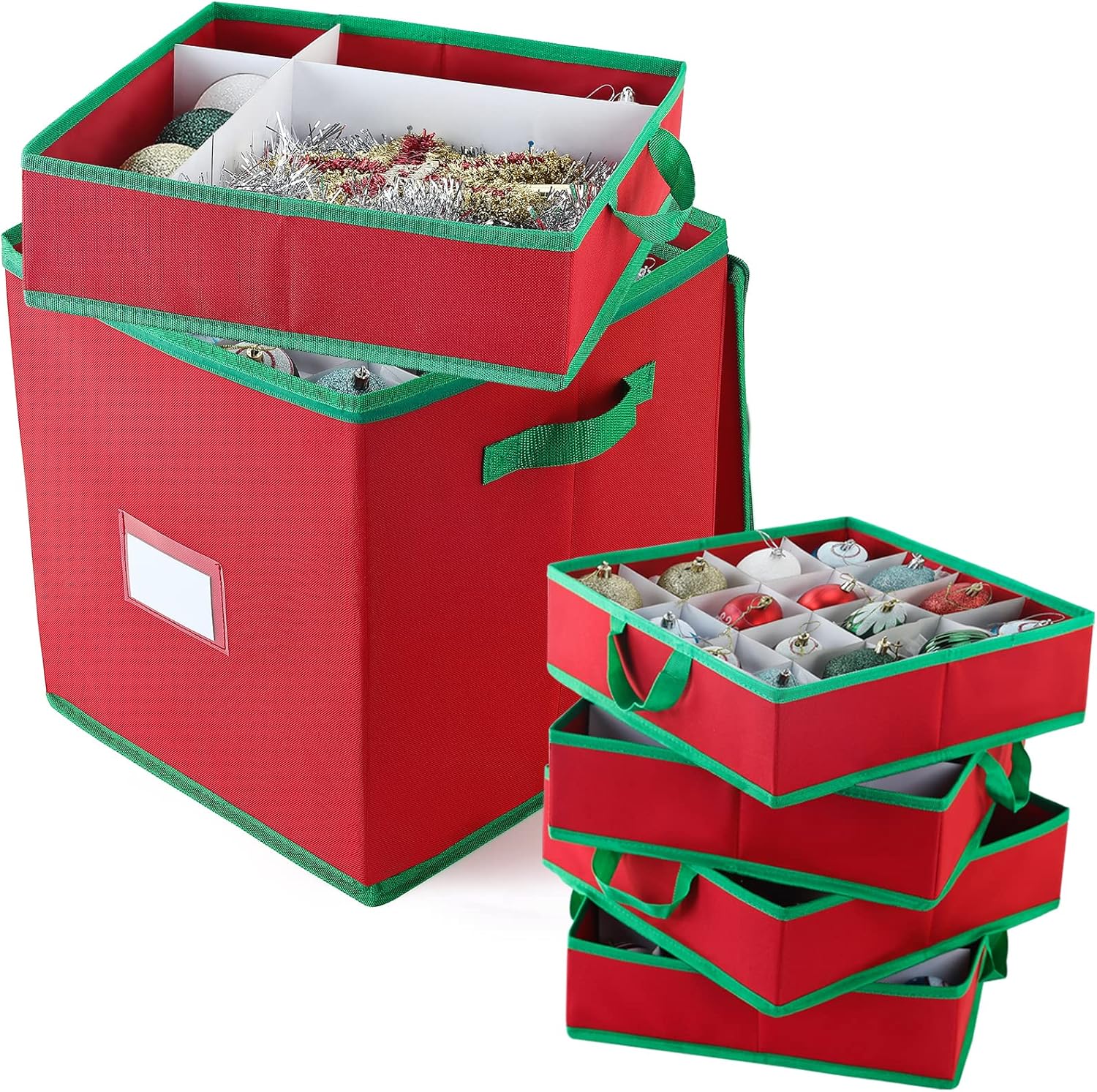 Holiday Décor Storage - Christmas Ornament Storage Box Holiday Decoration Organizer, Holds Up to 64 Ornaments Decoration Balls, Holiday Ornaments & Xmas Accessories with Adjustable Dividers, Zippered Closure, 4 Removable Trays, 600D Oxford, 13.38