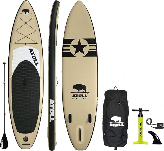 Atoll 11' Foot Inflatable Stand Up Paddle Board (6 Inches Thick, 32 inches Wide) ISUP, Bravo Hand Pump and 3 Piece Paddle, Travel Backpack and Accessories New Leash Included