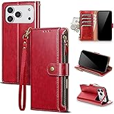 Scutumate Compatible with iPhone 17 Pro Max Wallet Case with Card Holder RFID Blocking Zipper Poket PU Leather Flip Phone Case with Wrist Strap Credit Card Slots Men Women,for Apple 17 Pro Max,Red