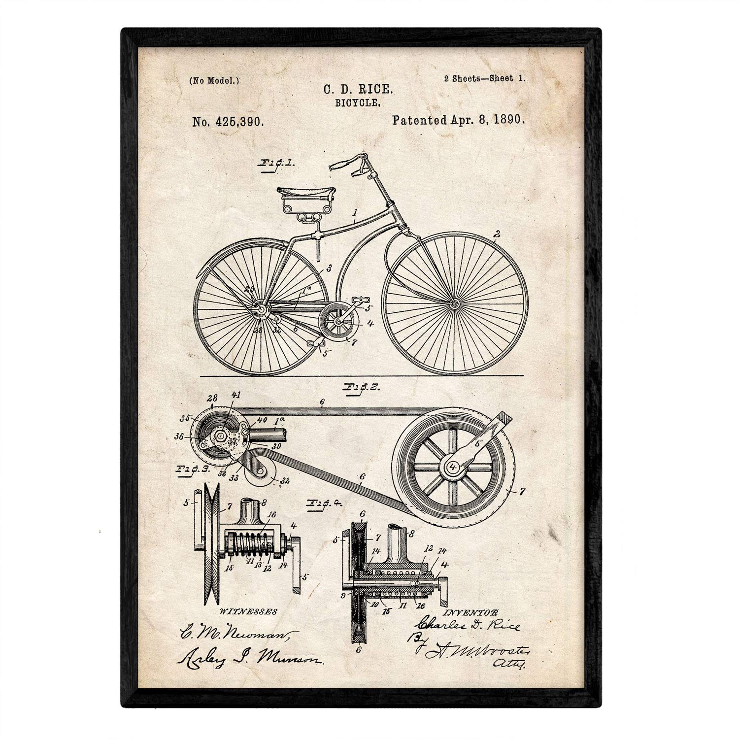 Nacnic Bicycle Poster patent. Sheet with old design patent in A3 size and vintage background