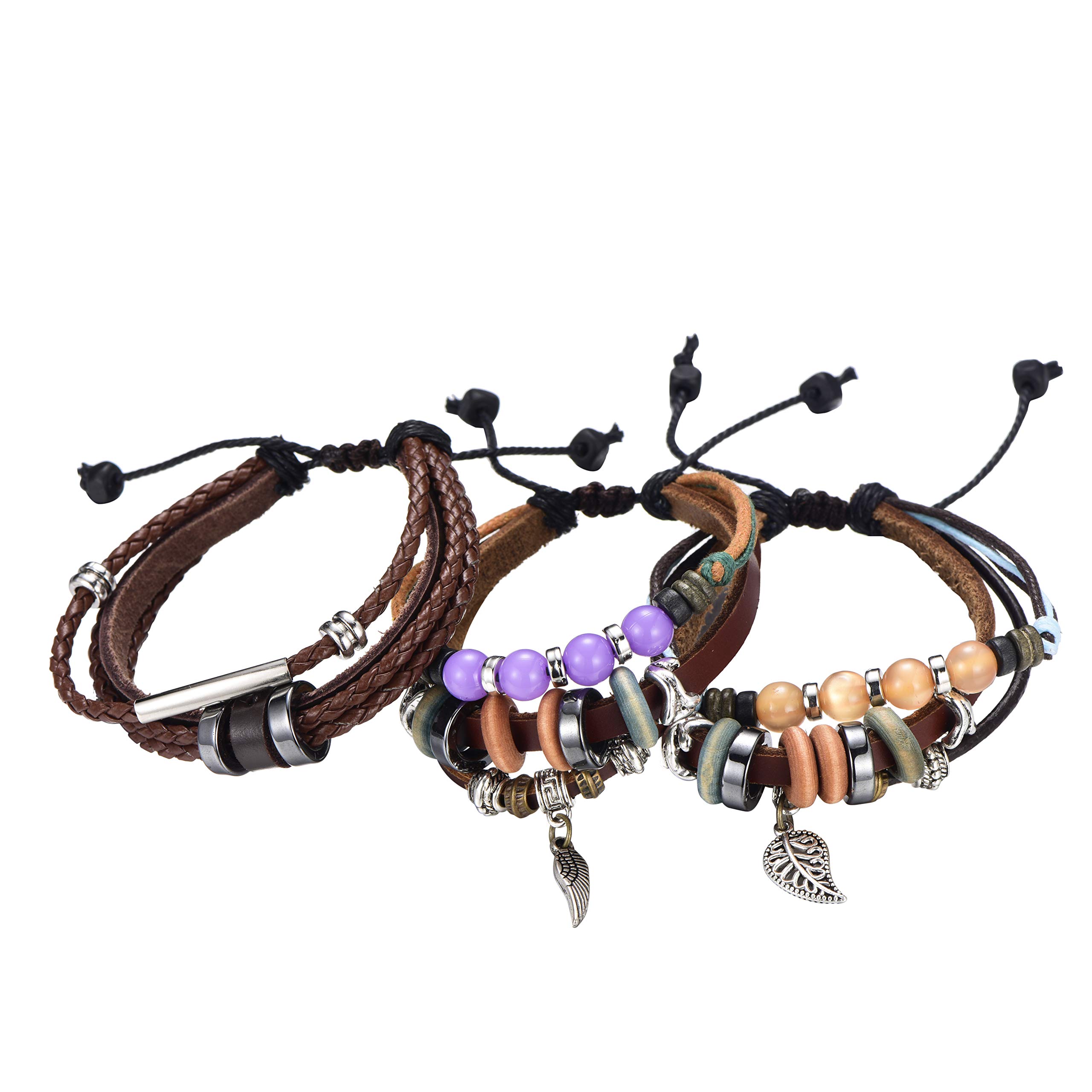 Morella Women's Leather Bracelet Set 3 Pieces with Beads
