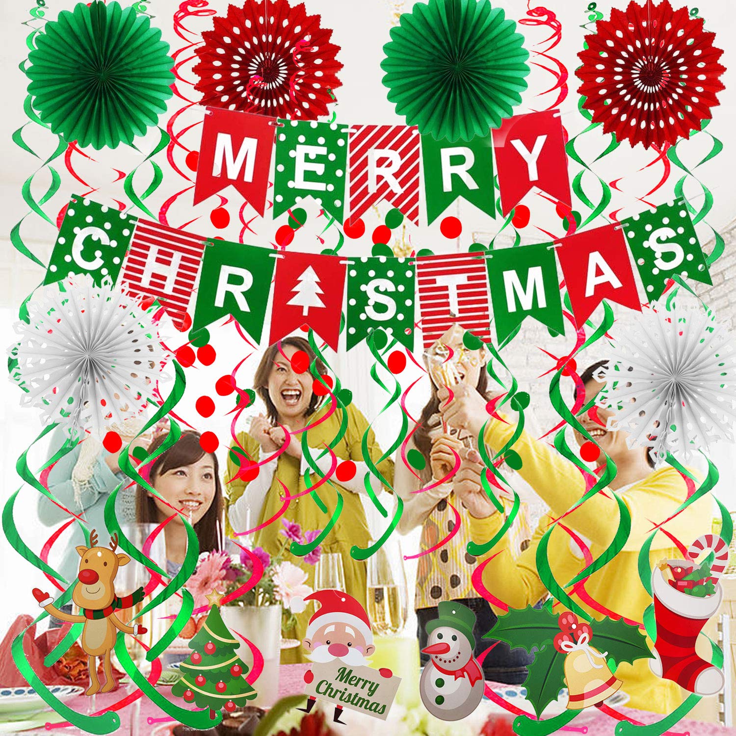 FECEDY Merry Christmas Banner Paper Fan Flower Circle Confetti Dots Hanging Garlandand Swirl Streamers Christmas Tree Christmas Snowman God Tang for Christmas Party Decoration