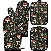 Miss Adola Cotton Oven Mitts and Pot Holders Sets - Quilted Lining Heat Resistant 4 Pieces Set with Hanging Loop Cute Farmhouse Boho Spring Kitchen Decor and Accessories, Black Mushroom