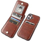KIHUWEY Compatible with iPhone 16 Case Wallet with Credit Card Holder, Flip Premium Leather Magnetic Clasp Kickstand Heavy Duty Protective Cover for iPhone 16 6.1 Inch (Brown)