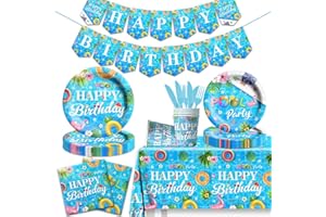 HAKOTI 142 Pieces Pool Birthday Party Supplies - Summer Pool Tableware Set Plate,Cups,Tablecloth for Summer Pool Birthday Party, Hawaii Holiday Decorations