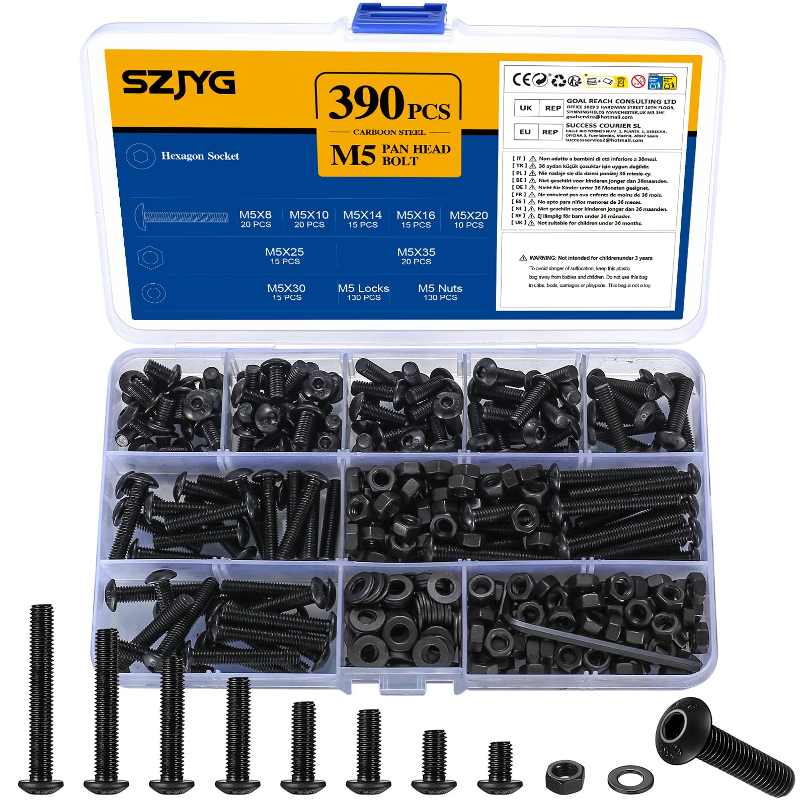 390 Pcs M5 Nuts and Bolts Set, Hex Socket Button Head Cap Screws, Round Head Hex Socket Machine Bolts and Washers Assortment Kit, Carbon Steel, Black