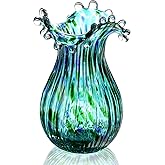 Green Glass Bubble Vase for Flowers, 8.5" Blown Glass Vase for Home Decor, Modern Art Flower Vases Decorative | Table Centerpiece, Olive Plant, Wedding, Living Room, Bookshelf, Office, Entryway
