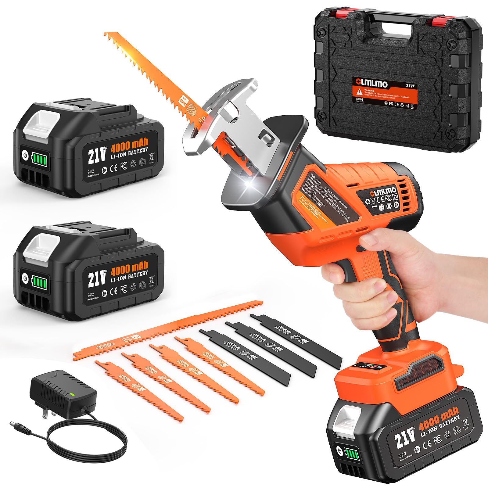 Cordless Reciprocating Saw With 8 Blades – 2×4000mAh Batteries, Brushless Motor, Variable Speed 0‑3200 SPM, Tool‑Free Blade Change, Power Reciprocating Saw for PVC Wood, Metal Cutting DIY