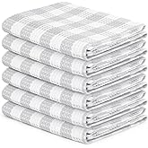 Blue Needles Set of 6 Waffle Weave Kitchen Towel, 15x25 Inches 100% Cotton Check Plaid Dish Towels for Kitchen, Soft & Absorbent for Quick Drying with Hanging Loop, Spring Summer - Ash Grey & White