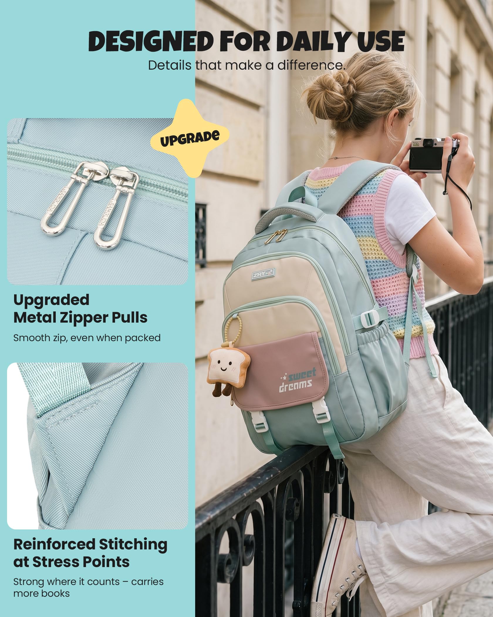 Amythe Schulrucksack Teenager - Schulranzen Mädchen ab 5. Klasse, Grün 5